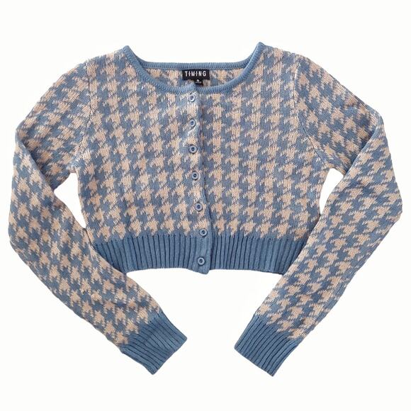 TIMING Retro Cropped Sweater Hounds Tooth Button Down Cardigan Size S Cozy Basic - Picture 1 of 8